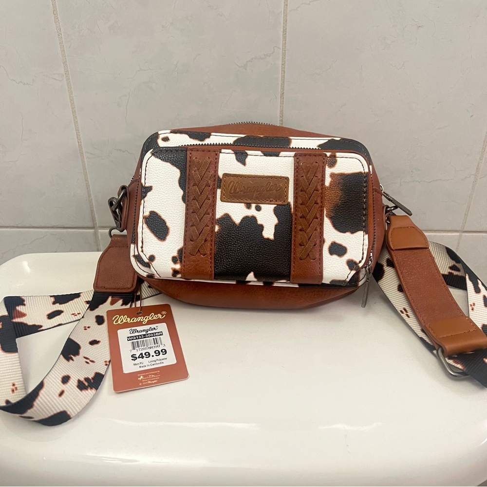 Wrangler Brown and White Cowprint Belt Bag with Leather Accents